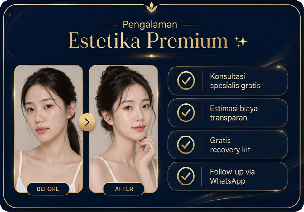 Pengalaman Estetika Premium — Konsultasi spesialis gratis, Estimasi biaya transparan, Gratis recovery kit, Follow-up via WhatsApp